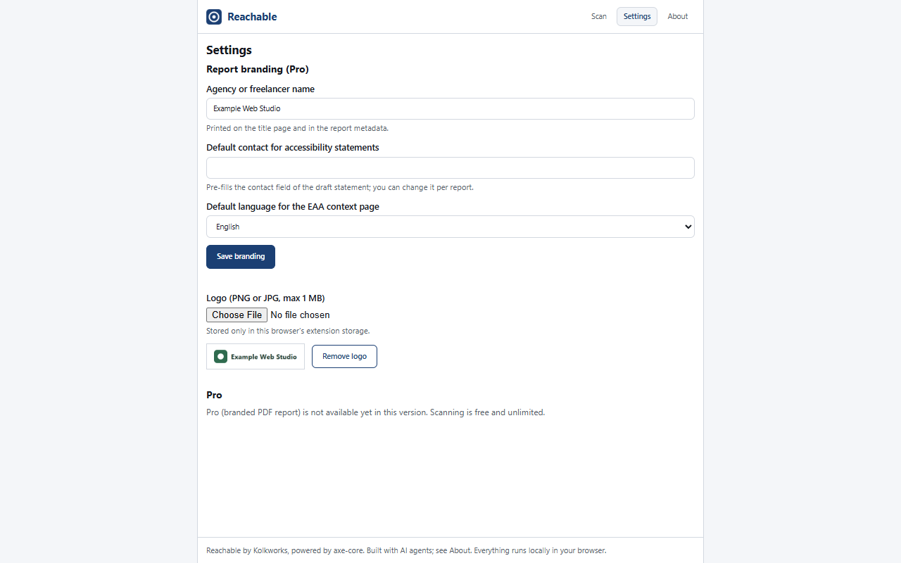Settings tab of the side panel: fields for agency name (Example Web Studio), default contact for accessibility statements and default language for the EAA context page, a logo upload with preview, and the Pro licence section with a licence key field and the buttons Check licence and Remove key.