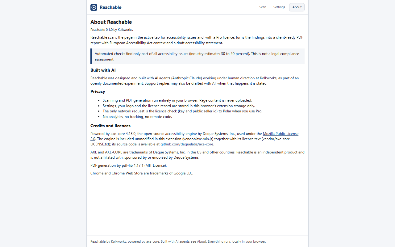 About tab of the side panel with sections Built with AI, Privacy and Credits and licences, including the note that Reachable was built with AI agents under human direction at Kolkworks, that page content is never uploaded, and that the engine is axe-core under the Mozilla Public License 2.0.